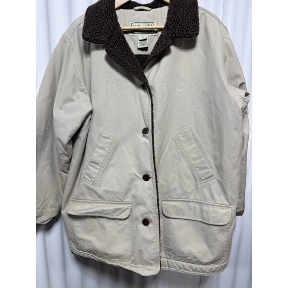 LL Bean Jacket Womens L beige Quilted Lined Field Chore Barn Work Coat Canvas - Picture 1 of 9